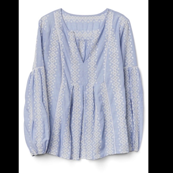 Gap Eyelet Lace Split-Neck Blouse in Chambray - Picture 1 of 8